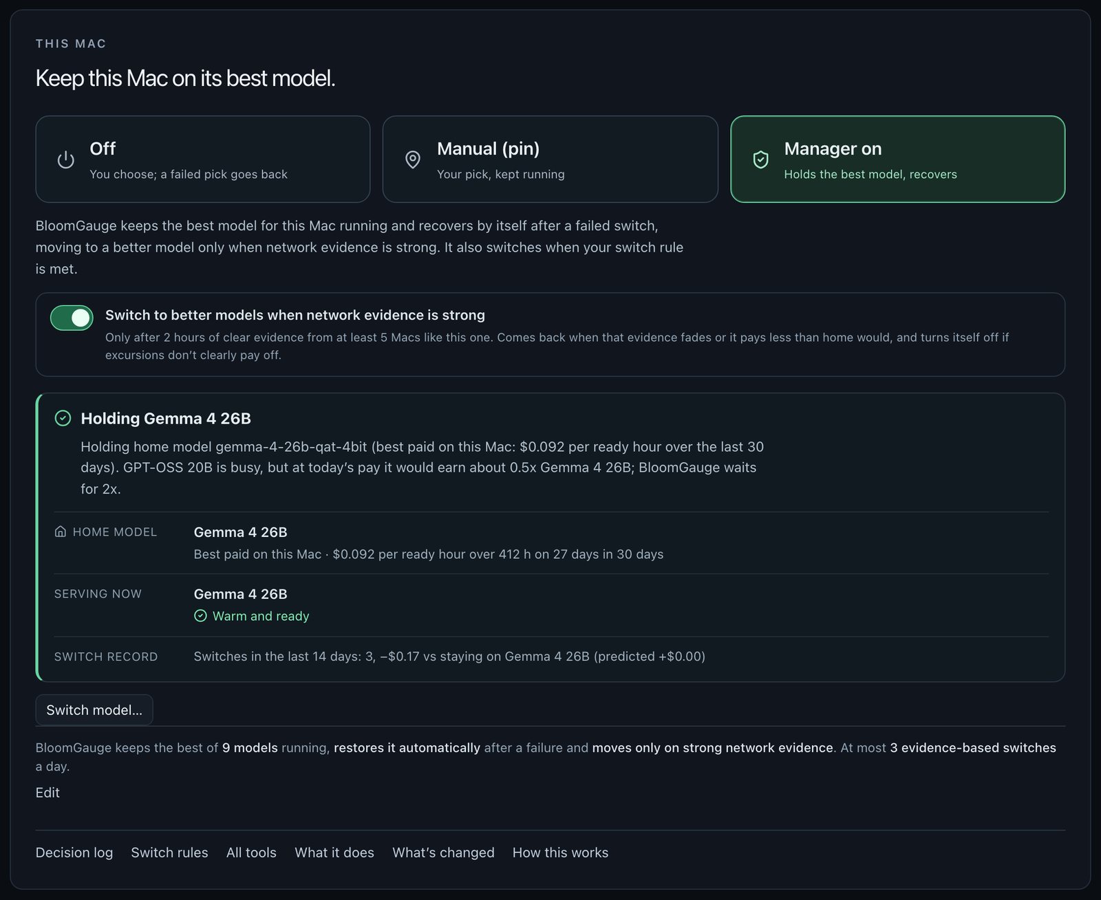 Optimizer card explaining why it keeps the current model and why the next candidate is on hold
