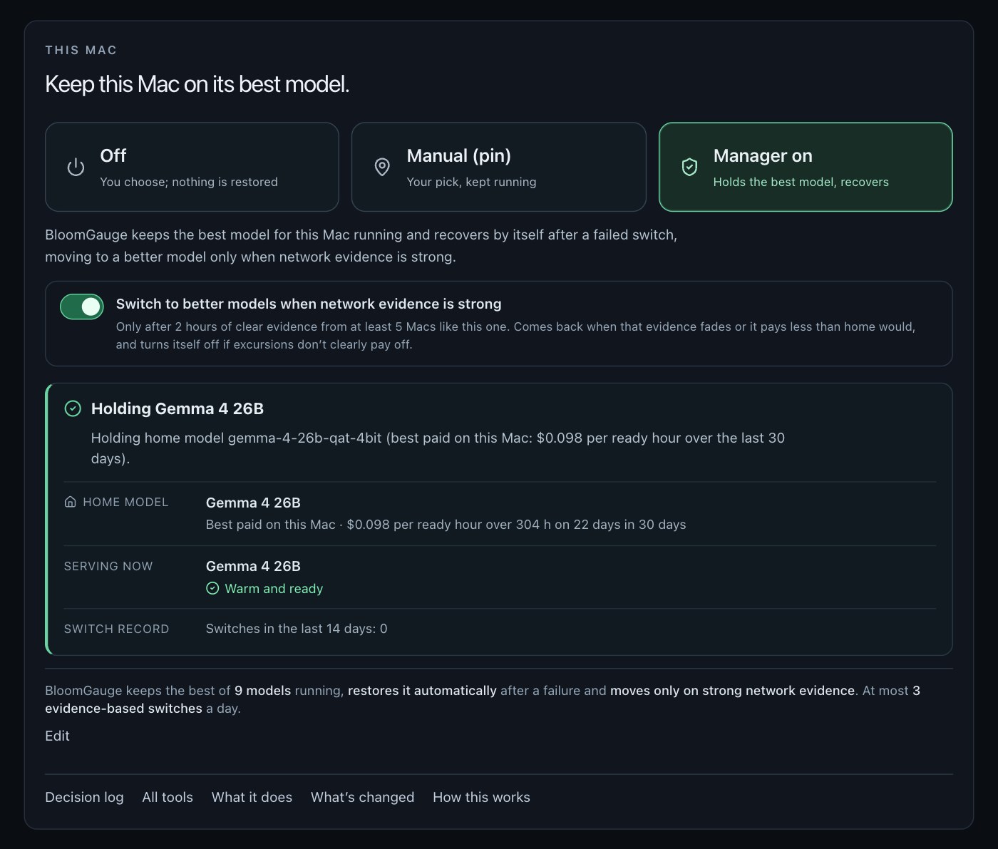 Optimizer card explaining why it keeps the current model and why the next candidate is on hold
